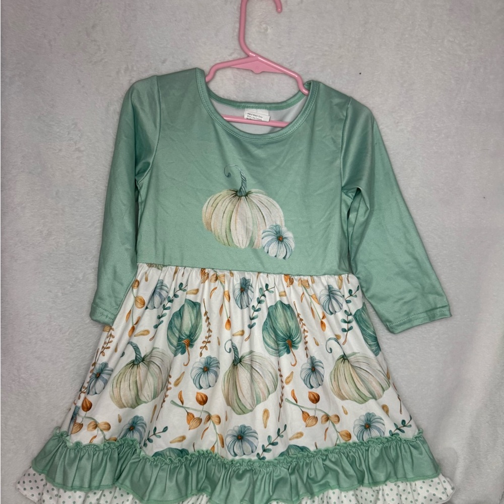 Green Pumpkin Print Ruffle Dress Toddler 2Y girl.